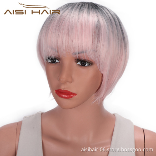 Aisi Hair High Temperature Fiber Straight Short Bob Wigs Ombre Pink Short Bob Wigs with Neat Bangs Cosplay Short Bob Wigs